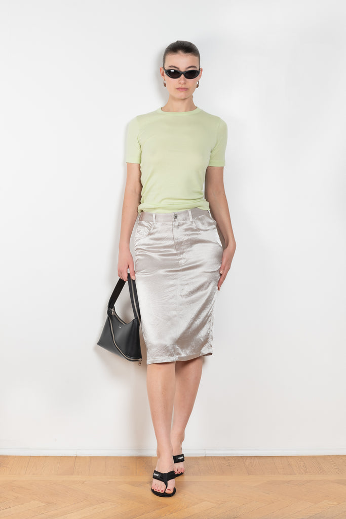 The 5 Pocket Skirt by 6397 is a knee length straight skirt in satin