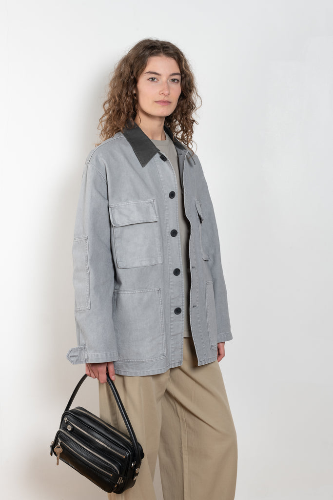 The Barn Jacket by 6397 is a cotton canvas jacket with workwear details and a contrasted waxed canvas collar