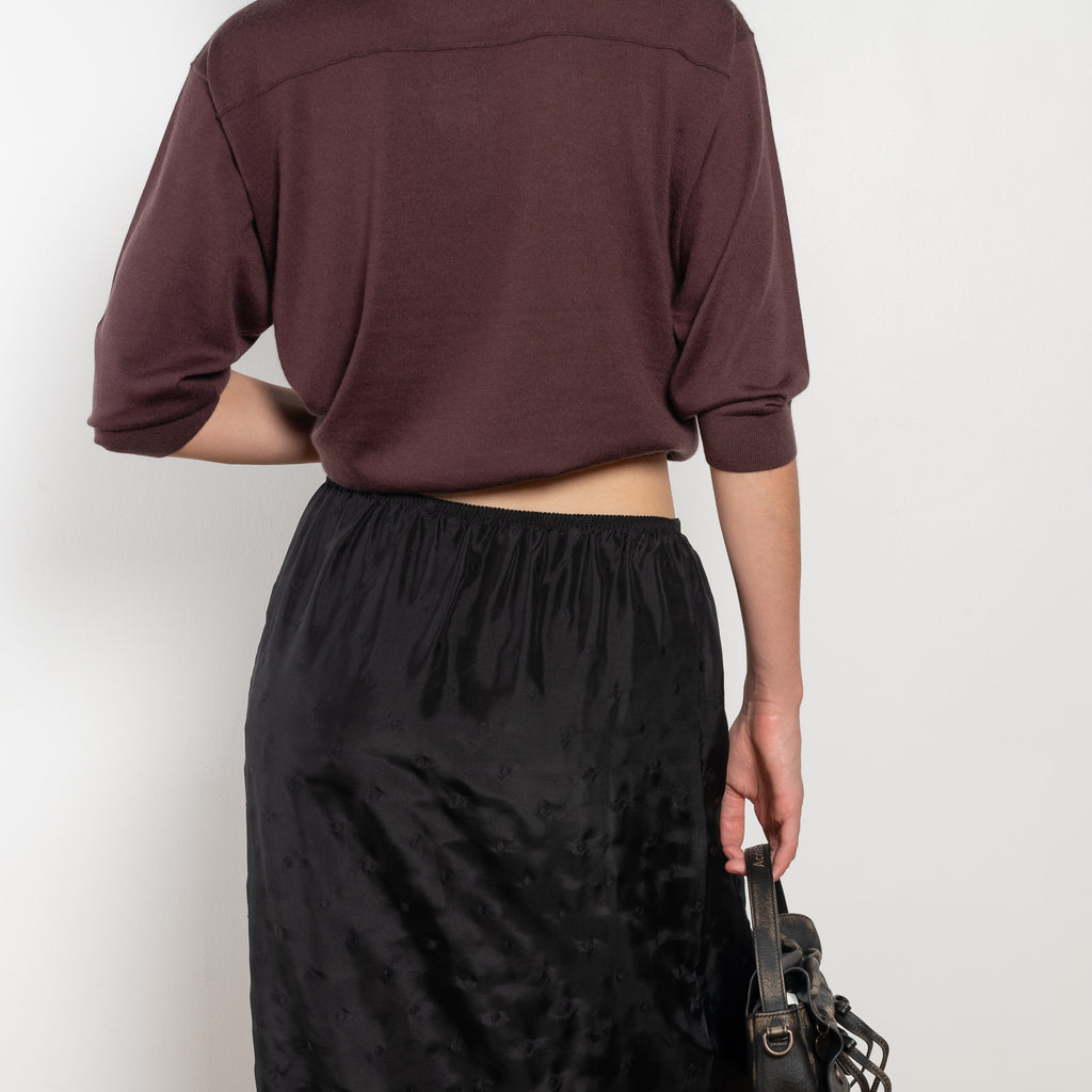 The Embroidered slip Skirt by 6397 in silk habotai has a tonal embroidered dot all over and and an elasticated waist