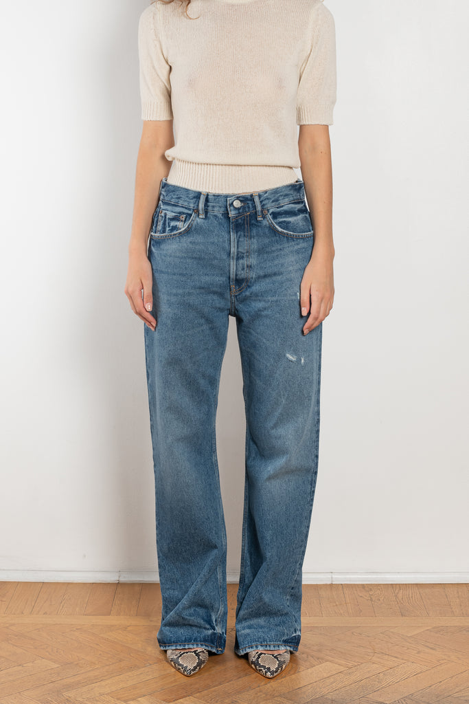 The 2021 Loose Fit Jeans by Acne Studios are cut to a loose fit with mid-waist, wide leg and long length. Made from rigid denim in a medium blue wash.