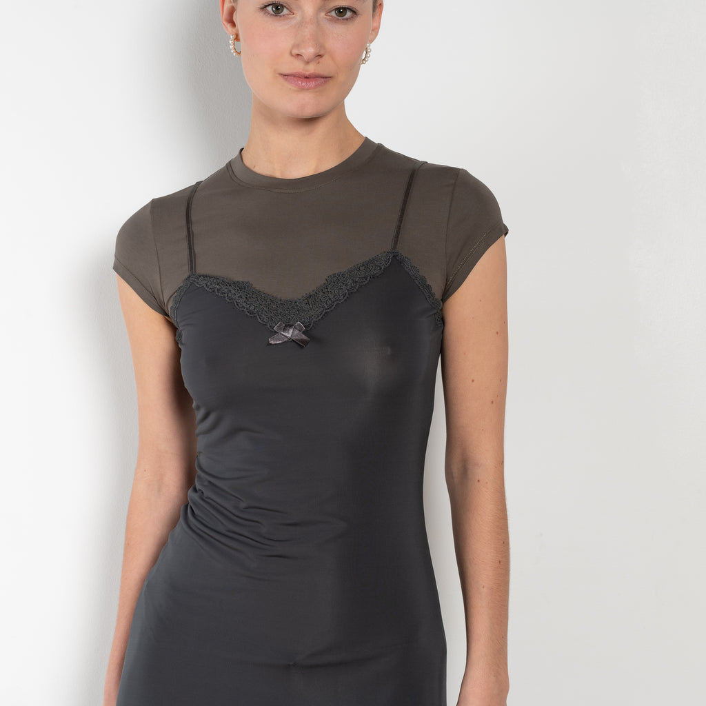 The Layered Slip Dress by Acne studios is a layered slipdress with a built-in tshirt