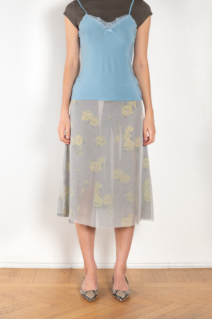 The Mesh Layered Skirt by Acne Studios features seasonal floral artwork, adorned with shredded cuts and double-layered mesh construction