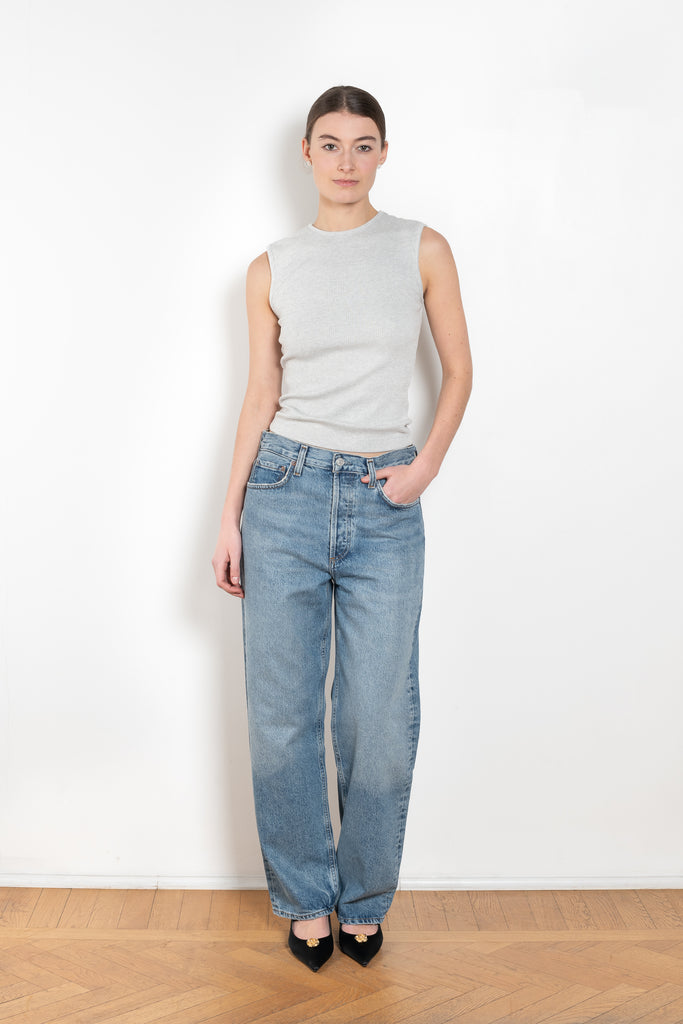 The Binx Tank by Agolde is high neckline top with a ribbed texture that enhances the close fit
