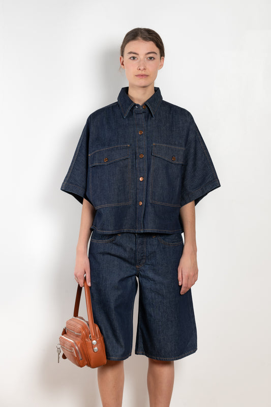The Taron Shirt by Agolde is a boxy shirt with short sleeves in a dark pure wash