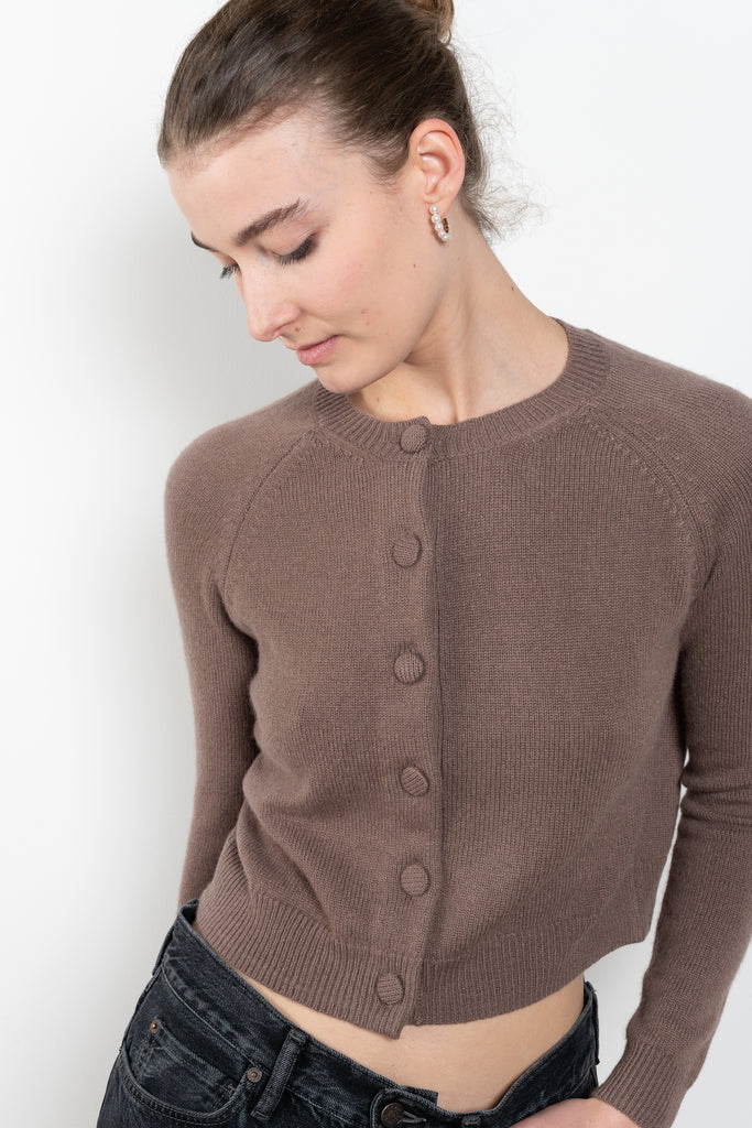 The Mila Cardigan by Alexandra Golovanoff is a signature cashmere cardigan with a boxy and effortless cut and cashmere covered button