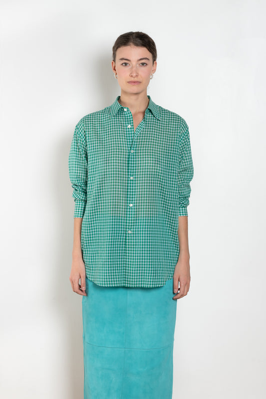 The Airy Light Cotton Shirt by Auralee is an extremely light cotton voile shirt with a gingham check