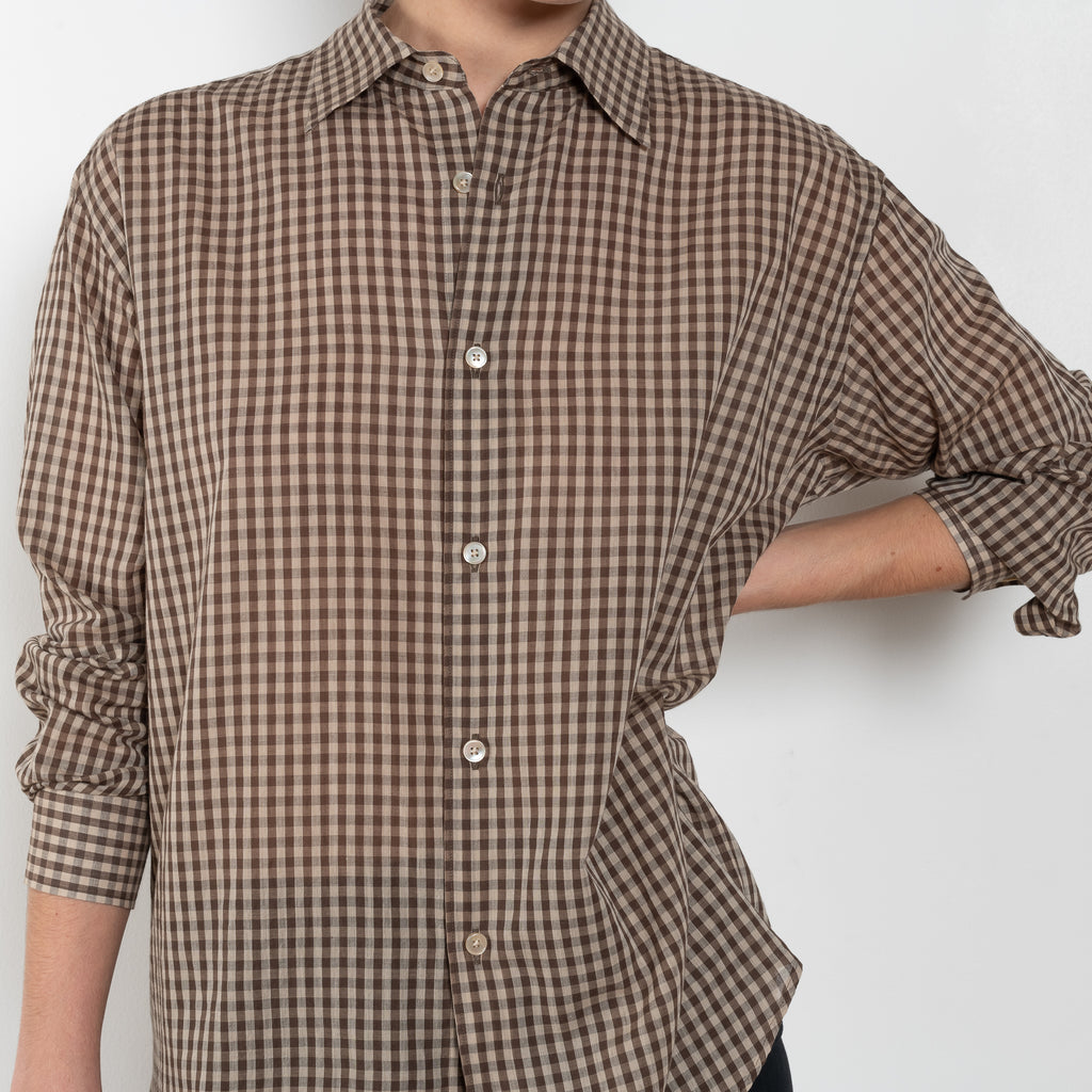 The Airy Light Cotton Shirt by Auralee is an extremely light cotton voile shirt with a gingham check.
