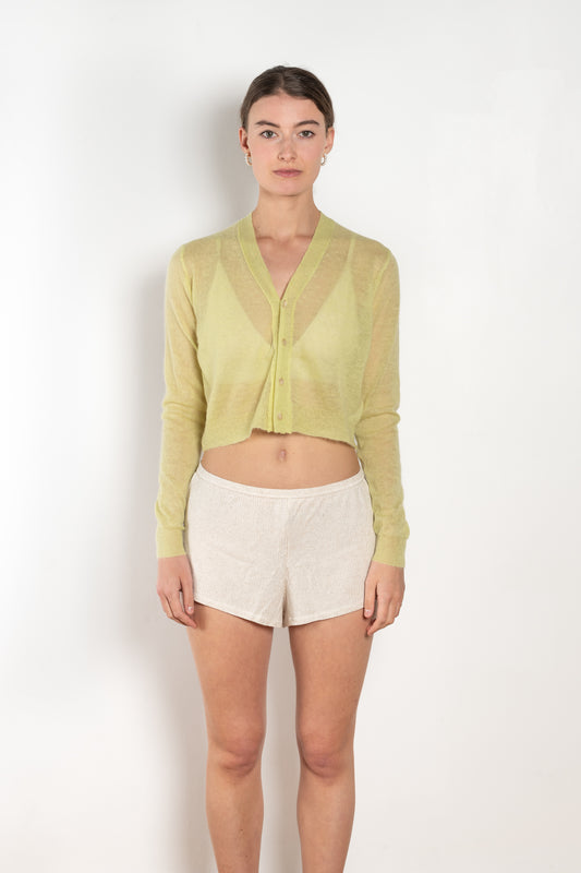 The Mohair Sheer Cardigan by Auralee is a fine knitted cardigan with a delicate, luxurious transparency