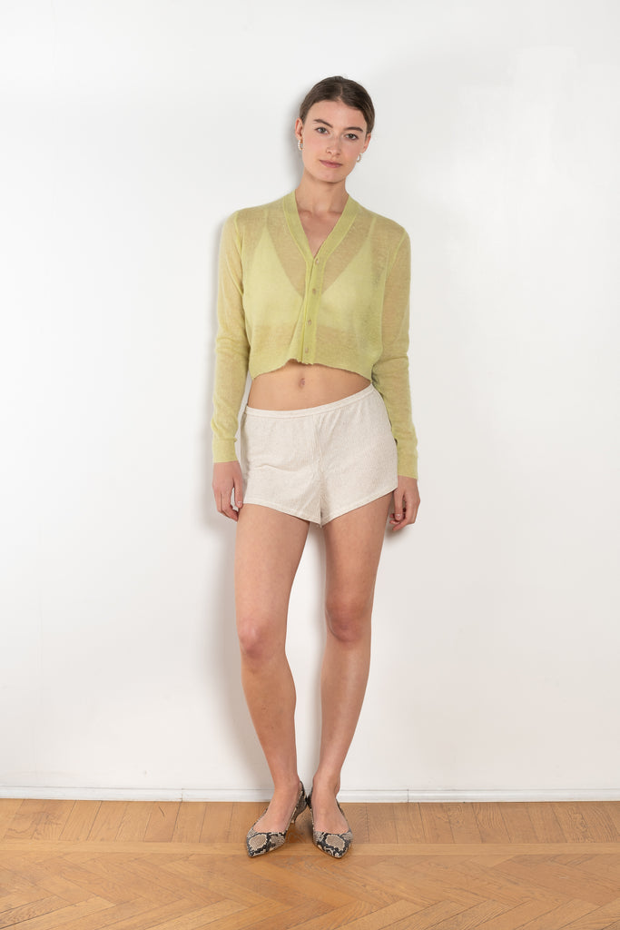 The Mohair Sheer Cardigan by Auralee is a fine knitted cardigan with a delicate, luxurious transparency
