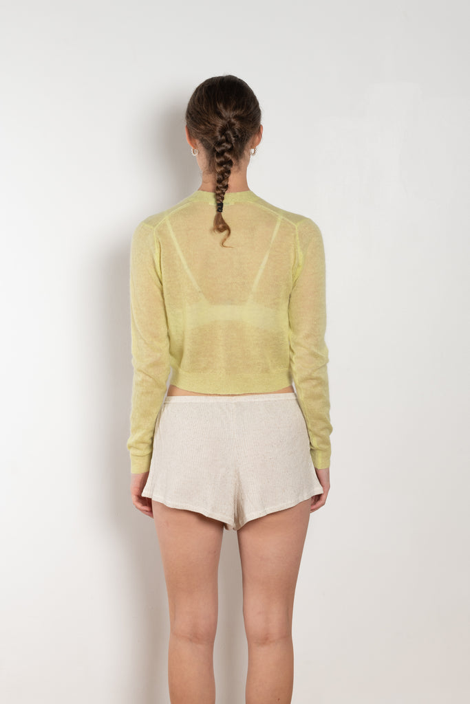The Mohair Sheer Cardigan by Auralee is a fine knitted cardigan with a delicate, luxurious transparency