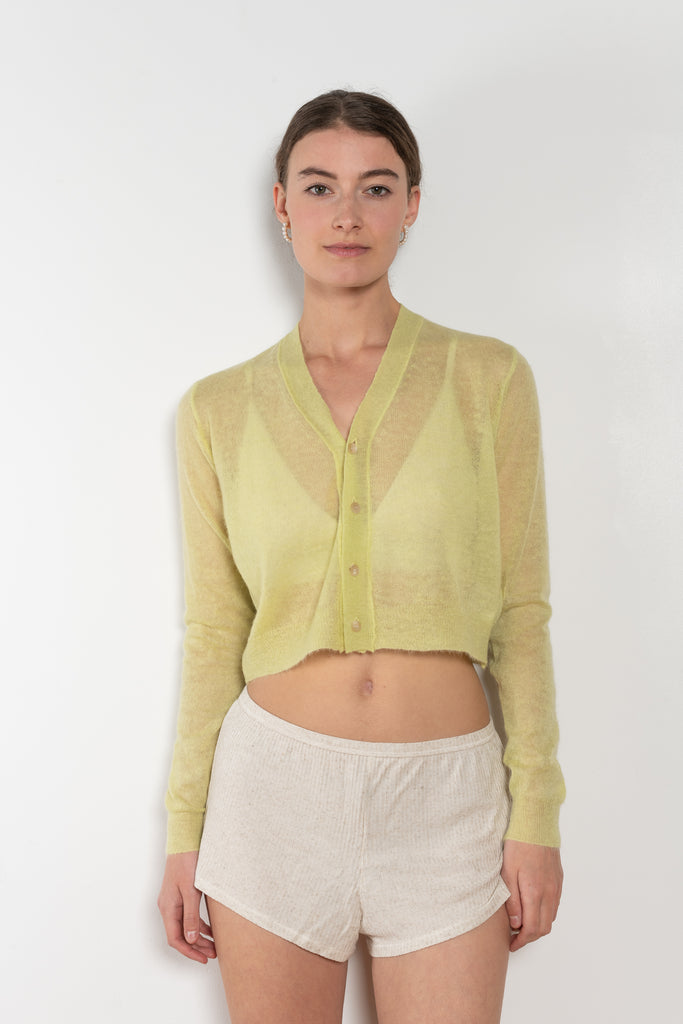 The Mohair Sheer Cardigan by Auralee is a fine knitted cardigan with a delicate, luxurious transparency