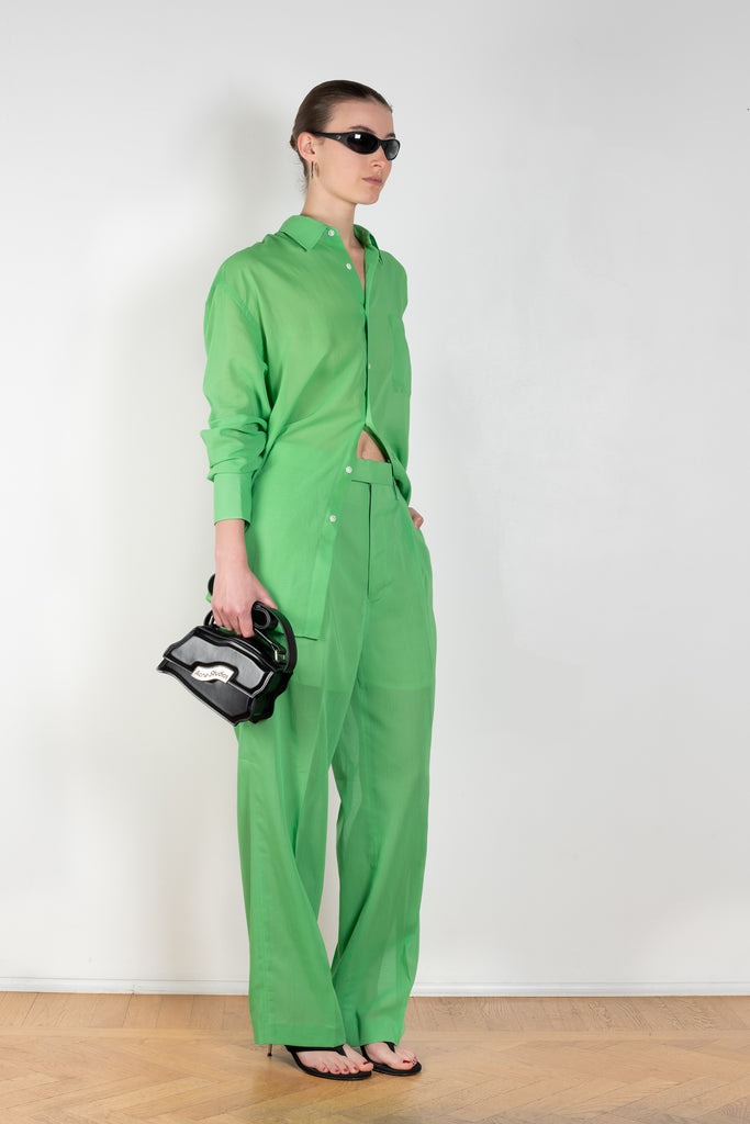 The Organdy Pants by Auralee is a very fine and lightweight trouser in a bright green sheer cotton voile