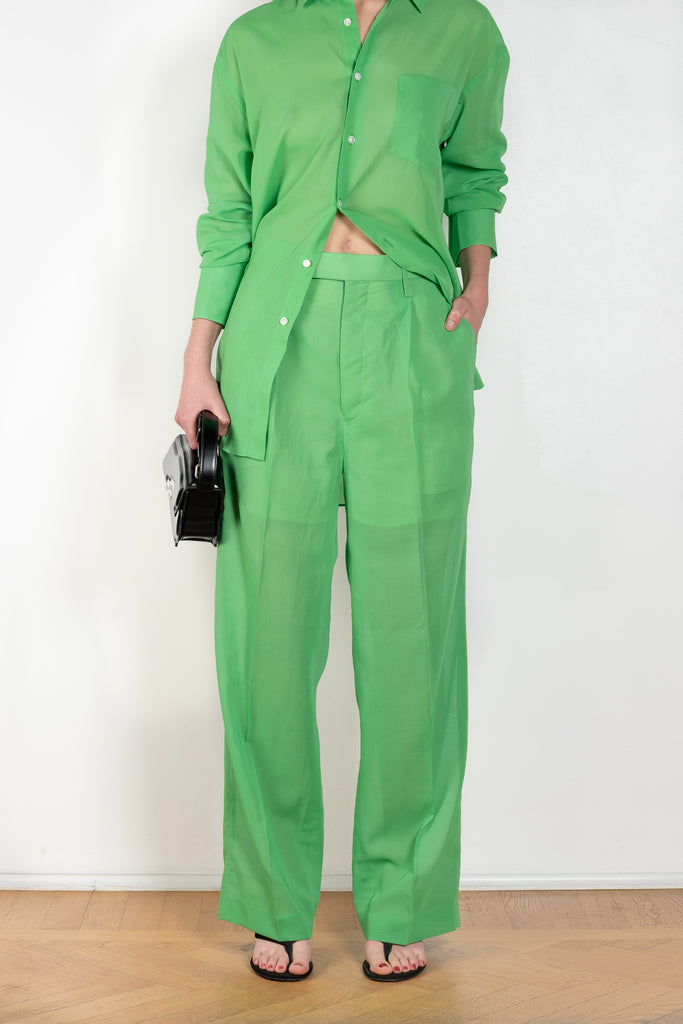 The Organdy Pants by Auralee is a very fine and lightweight trouser in a bright green sheer cotton voile