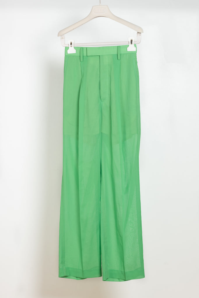 The Organdy Pants by Auralee is a very fine and lightweight trouser in a bright green sheer cotton voile