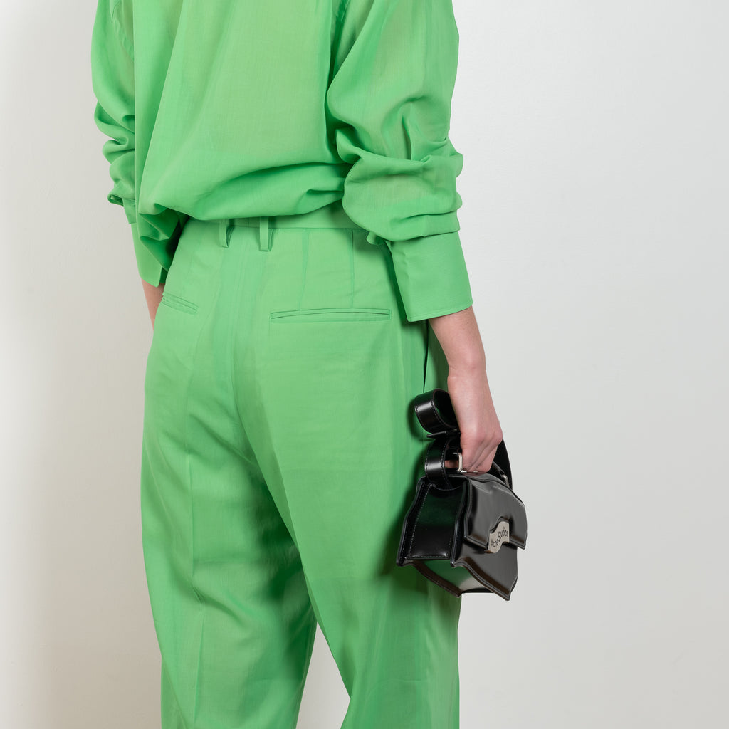 The Organdy Pants by Auralee is a very fine and lightweight trouser in a bright green sheer cotton voile