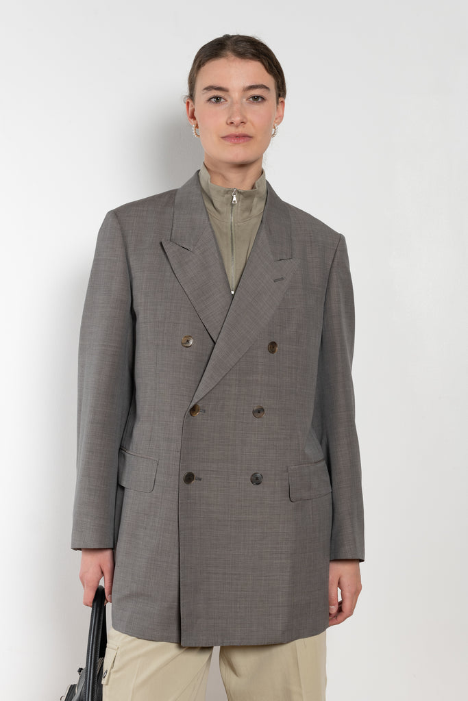 The Double Breasted Jacket by Auralee is a relaxed suit jacket made in a tropical wool kid mohair with a lightweight mid season feel perfect for everyday wear