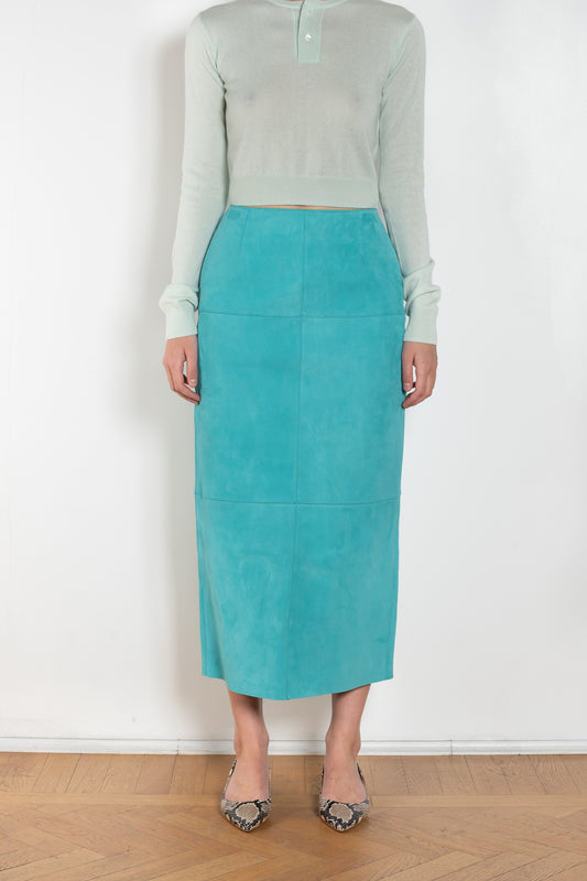 The Lamb Suede Skirt by Auralee is a long skirt with a pencil fit in a soft textured lamb leather suede