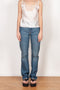 The Straight Denim Pants by Coperni is a straight legged jeans with a high waist and a belted detail on the back pocket