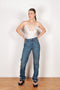 The Straight Denim Pants by Coperni is a straight legged jeans with a high waist and a belted detail on the back pocket