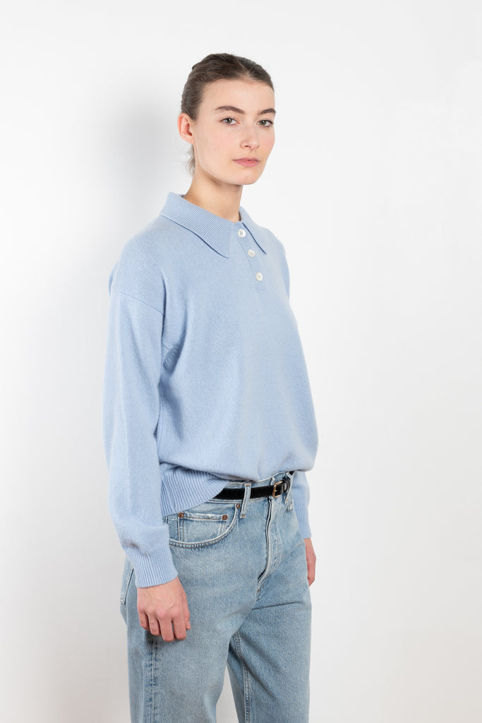 The Edith Plain Polo by &DAUGHTER is a vintage sports-inspired polo knit in soft Scottish-Spun Lambswool