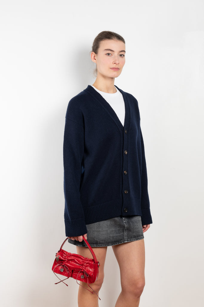 The Maura Unisex Cardigan by &amp; DAUGHTER is a unisex cardigan with a V neck knit in superfine, Scottish-spun lambswool