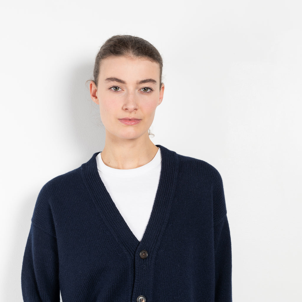 The Maura Unisex Cardigan by &amp; DAUGHTER is a unisex cardigan with a V neck knit in superfine, Scottish-spun lambswool
