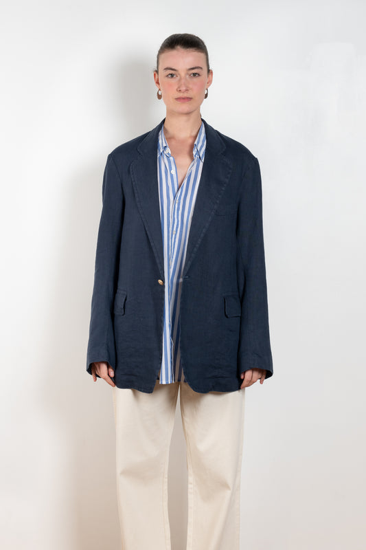 The Linen Blazer by Denimist is a relaxed oversized blazer jacket in a navy summer linen