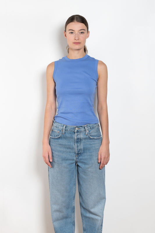 The Esme Tank by Flore Flore is a fitted crew neck tank top with a double stitched cut-off seam on the back.
