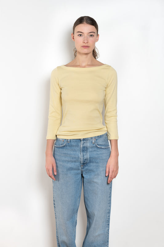 The Steffi Tee by Flore Flore is a classic boat neck tee with a 3/4 sleeve with a double stitched cut-off seam on the back