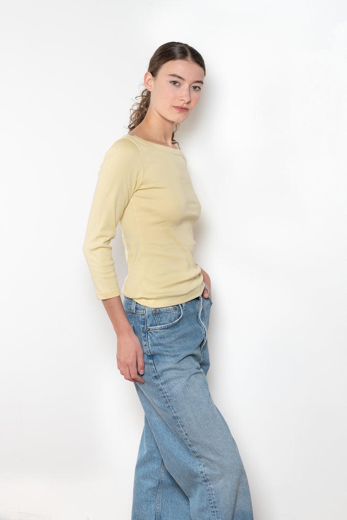 The Steffi Tee by Flore Flore is a classic boat neck tee with a 3/4 sleeve with a double stitched cut-off seam on the back