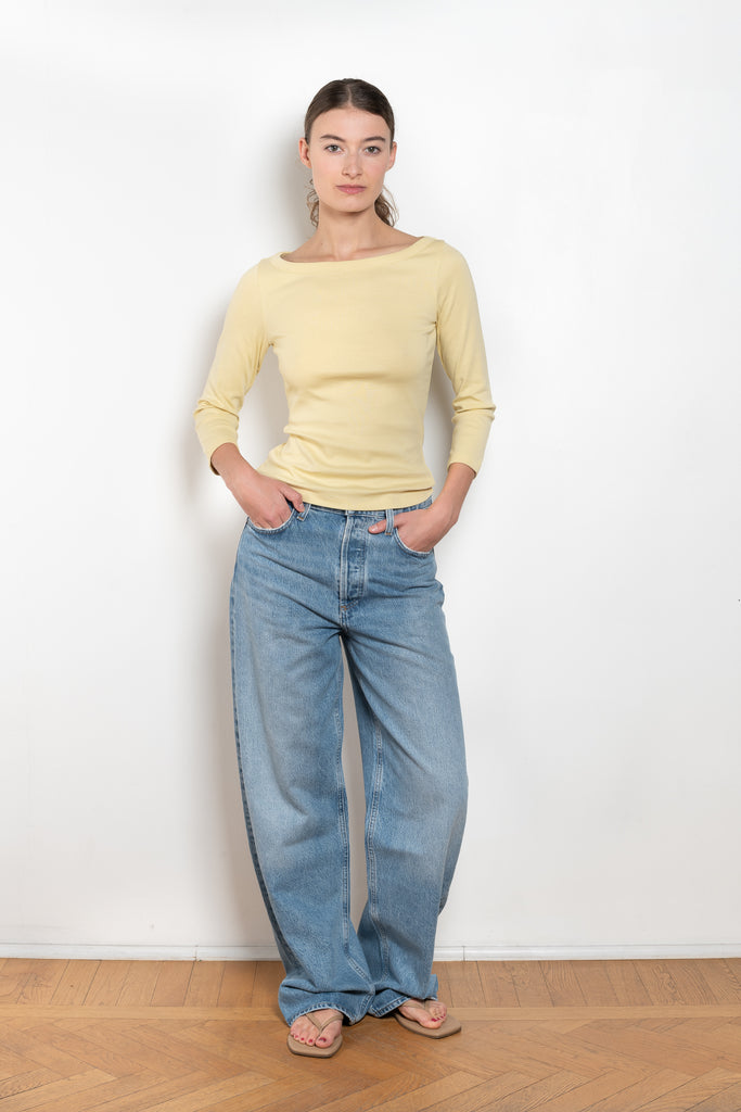 The Steffi Tee by Flore Flore is a classic boat neck tee with a 3/4 sleeve with a double stitched cut-off seam on the back
