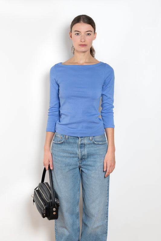 The Steffi Tee by Flore Flore is a classic boat neck tee with a 3/4 sleeve with a double stitched cut-off seam on the back