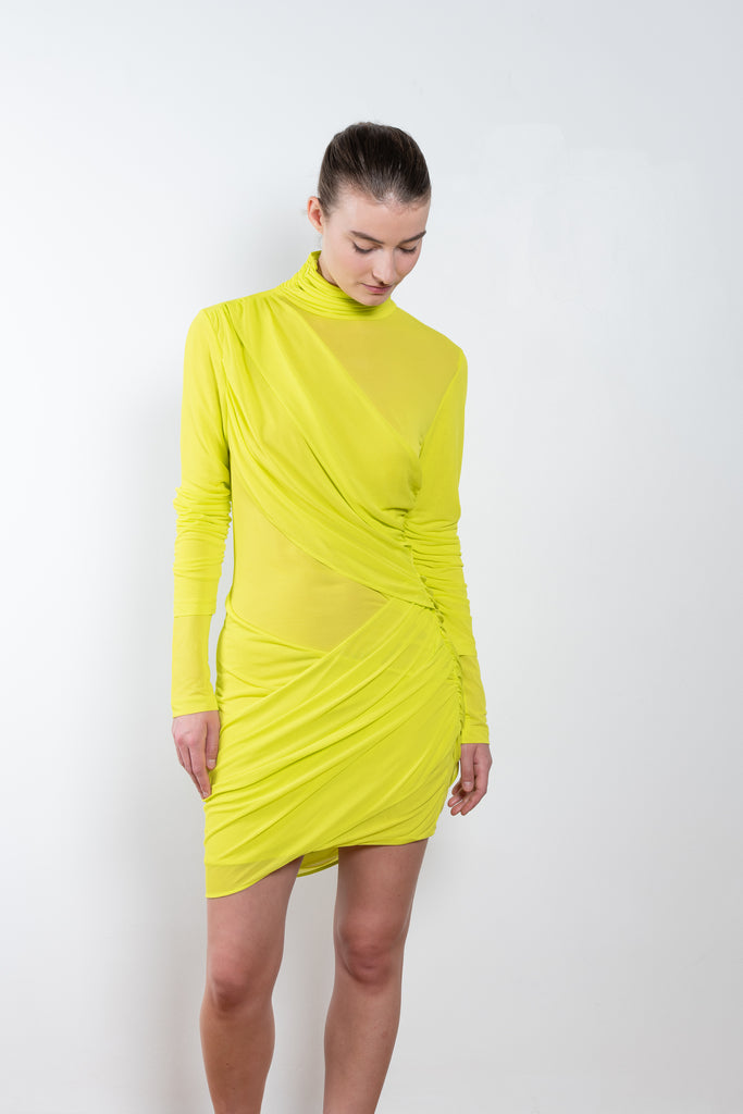 The Ula Dress by Gauge81 is an elegant vibrant yellow dress with draped details in a fine mesh fabric