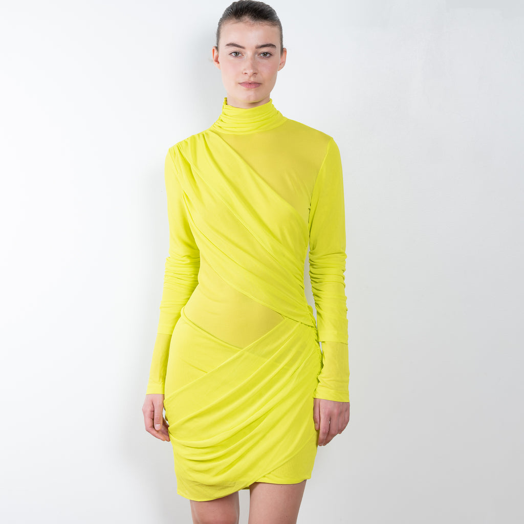 The Ula Dress by Gauge81 is an elegant vibrant yellow dress with draped details in a fine mesh fabric