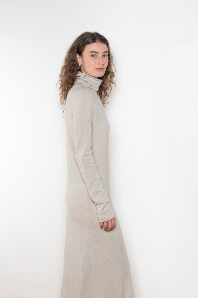 The Ailina Dress by LISA YANG is a fine knit cashmere maxi dress with a turtle neck