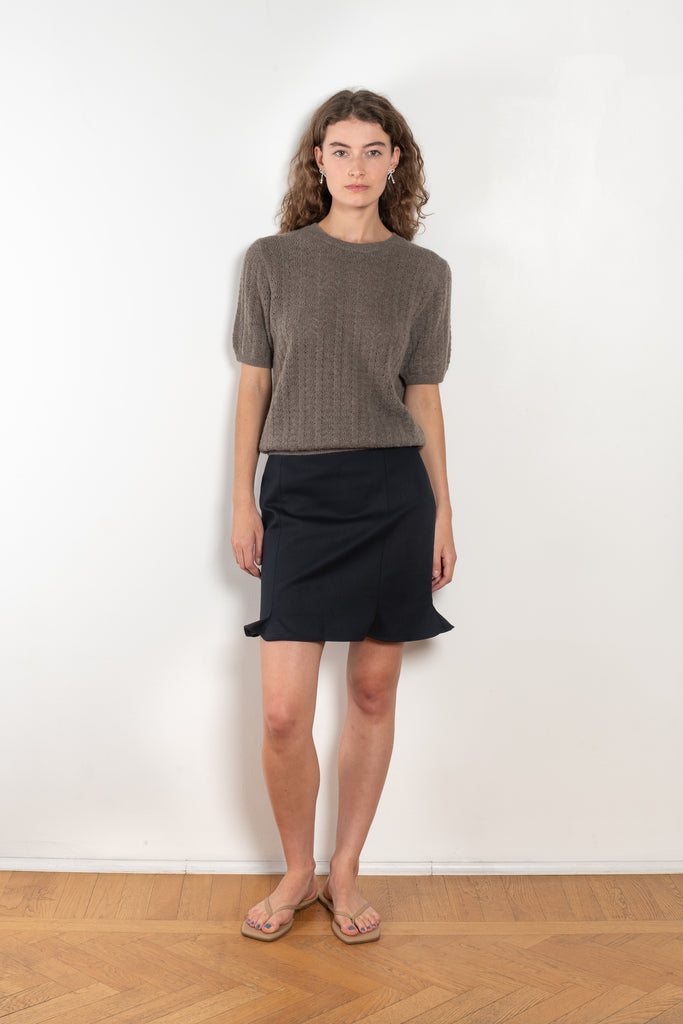 The Cecelia Pointelle Sweater by Lisa Yang is a fine knit cashmere top with a round neck and pointelle detailing