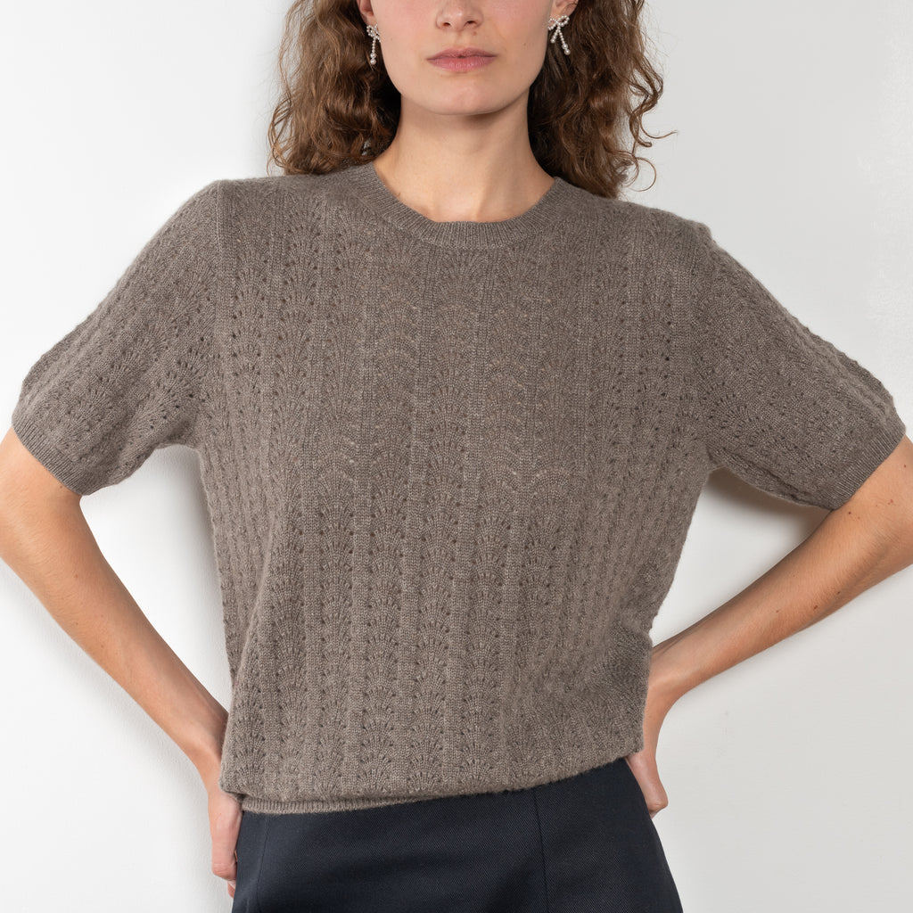 The Cecelia Pointelle Sweater by Lisa Yang is a fine knit cashmere top with a round neck and pointelle detailing