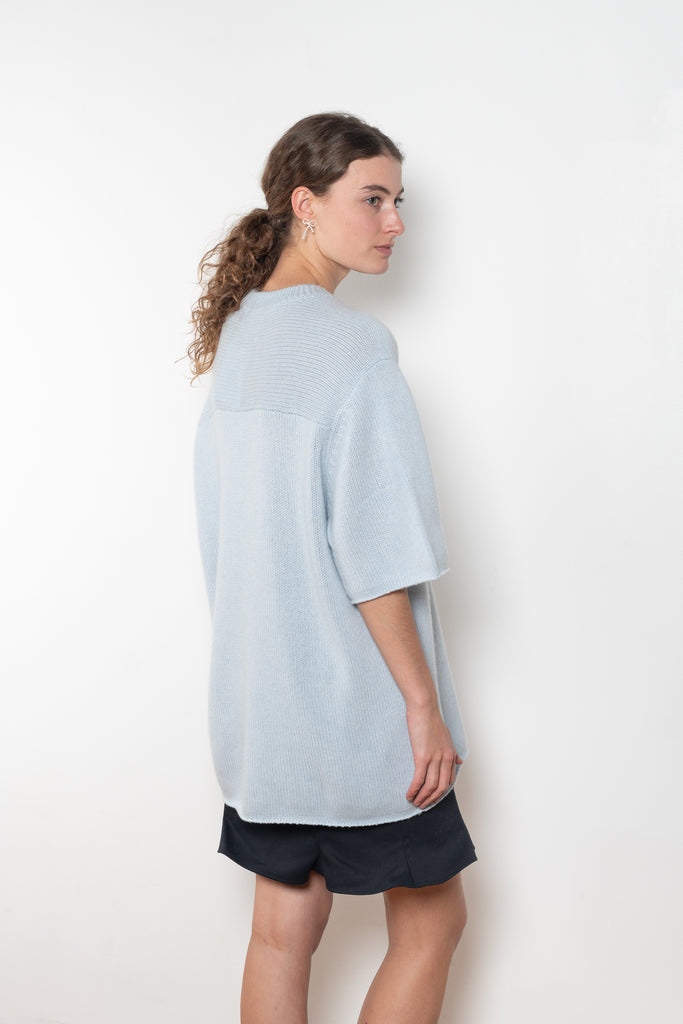 The Elvina Sweater by Lisa Yang a midweight knit oversized cashmere t-shirt with a round neck and loose elbow length sleeves