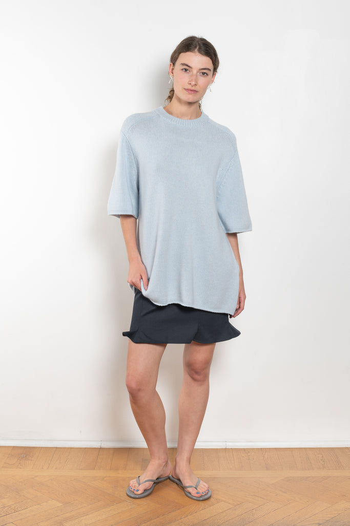 The Elvina Sweater by Lisa Yang a midweight knit oversized cashmere t-shirt with a round neck and loose elbow length sleeves