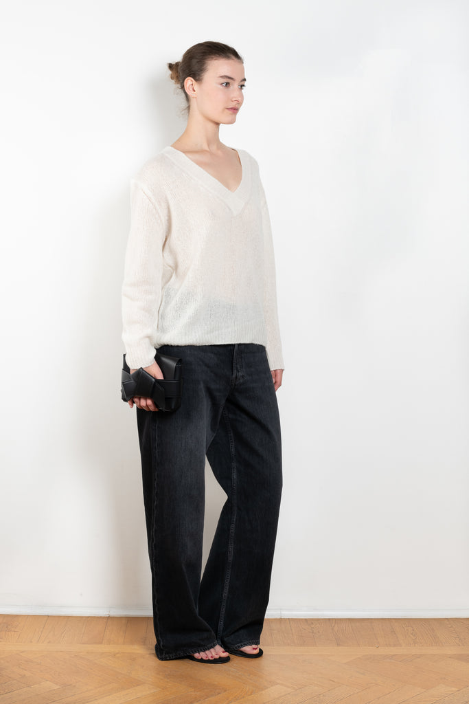 The Leona Sweater by Lisa Yang is a V-neck sweater with dropped shoulders in a textured cashmere silk&nbsp;