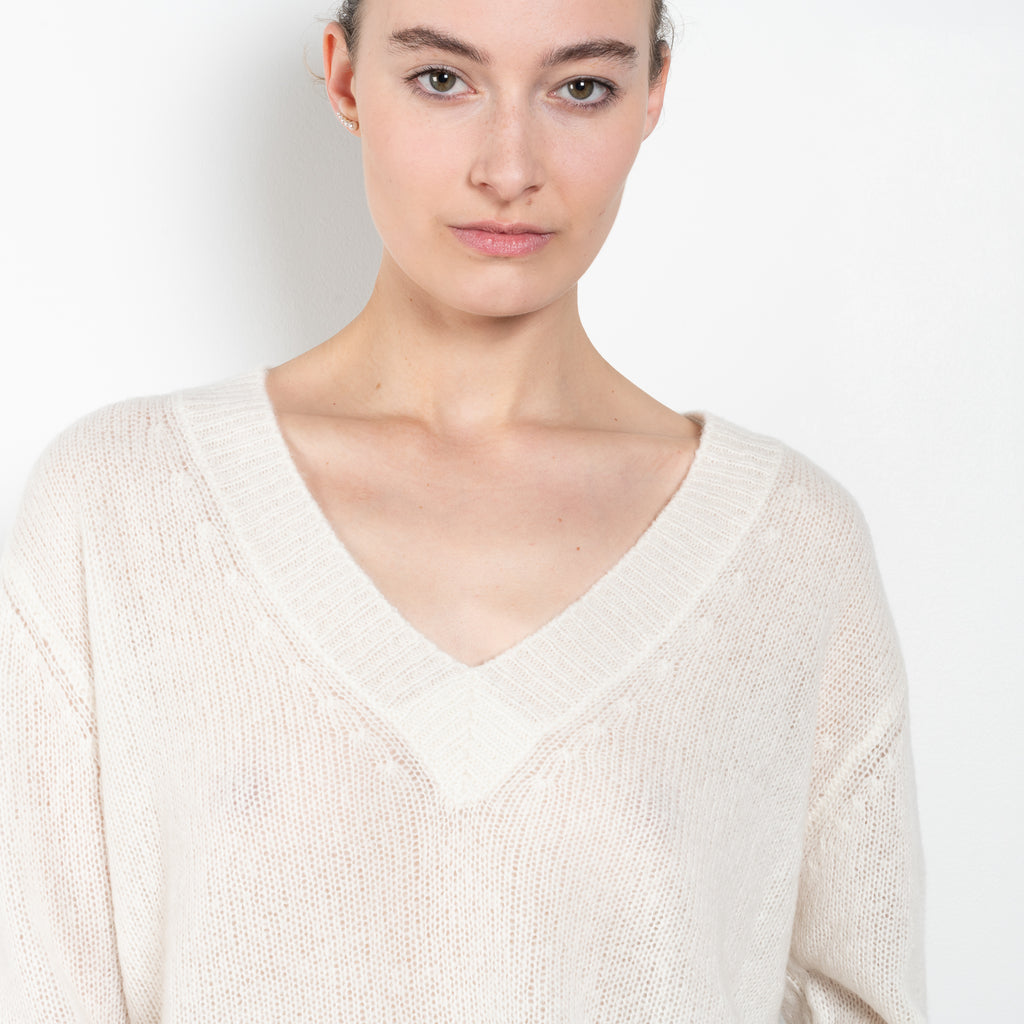 The Leona Sweater by Lisa Yang is a V-neck sweater with dropped shoulders in a textured cashmere silk&nbsp;