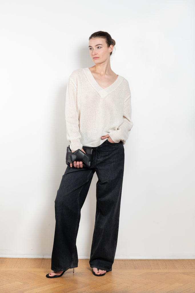 The Leona Sweater by Lisa Yang is a V-neck sweater with dropped shoulders in a textured cashmere silk&nbsp;