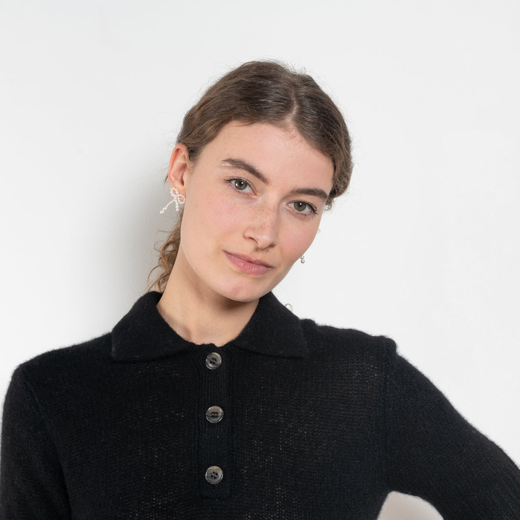The Masy Polo Sweater by Lisa Yang is a polo sweater with a relaxed fit in a soft textured cashmere silk blend