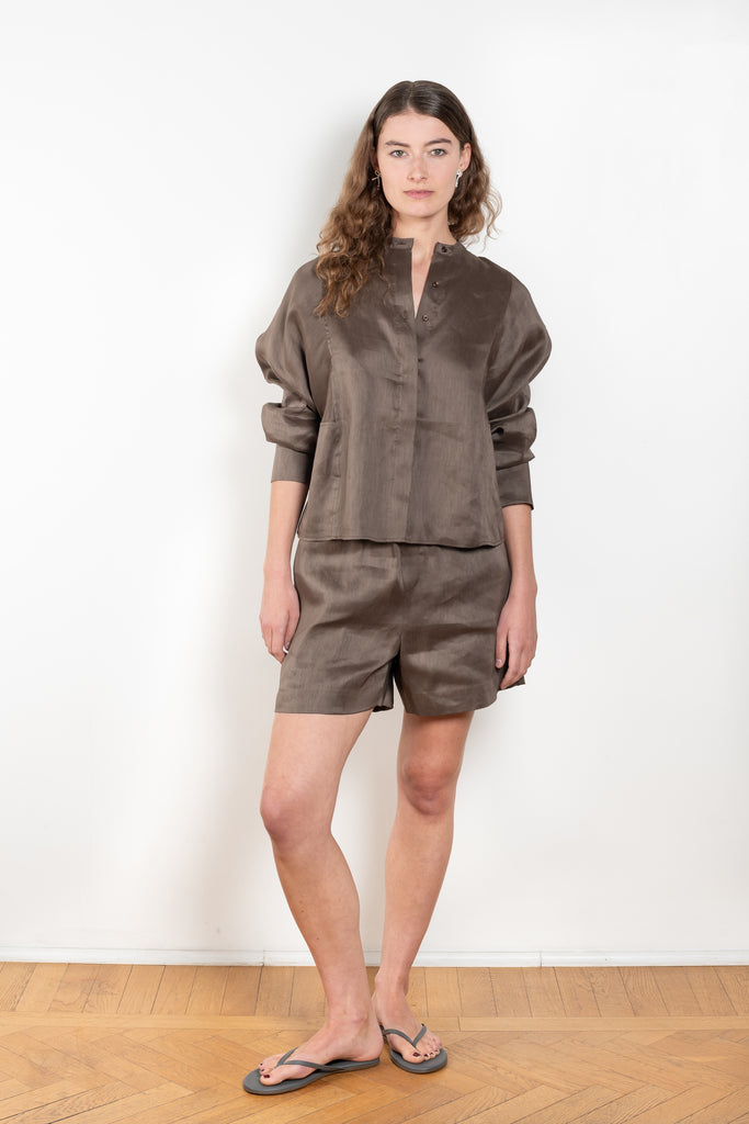 The Adonia Short by Loulou Studio is a silk linen organza short with an elastic waistband