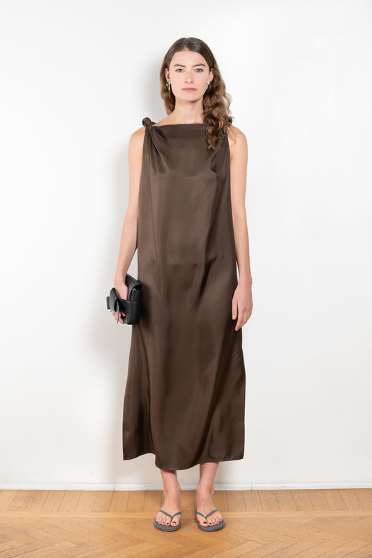 The Moun Dress by Loulou Studio is a cotton silk twill maxi dress with a drape knot detail on the shoulders