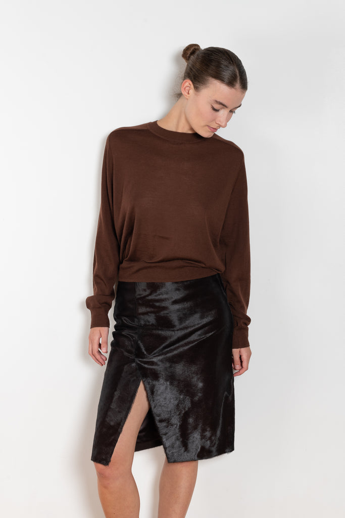 The Myra Skirt by Loulou Studio is a mid waist slit skirt in a pony effect calfskin leather