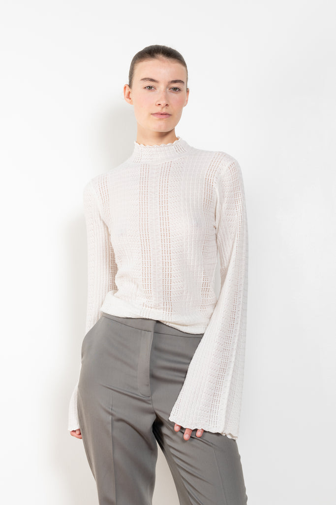 The Orion Lace Top by Loulou Studio is a thin wool & cashmere top in a delicate lace knit 