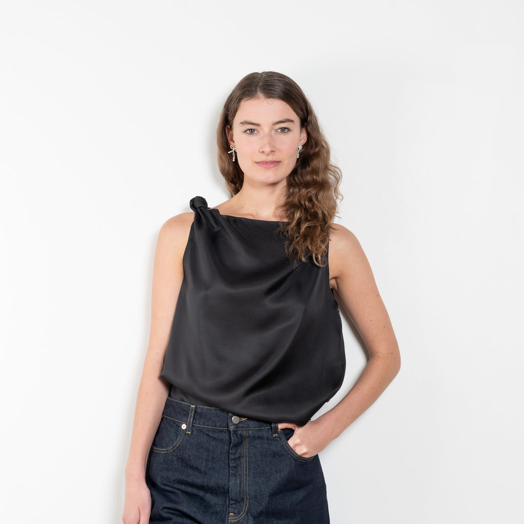 The Remy Top by Loulou Studio is a cotton silk twill top with a drape knot detail on the shoulders
