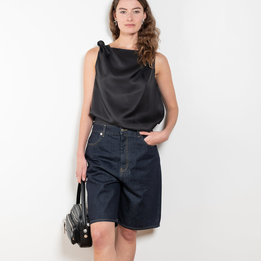 The Remy Top by Loulou Studio is a cotton silk twill top with a drape knot detail on the shoulders