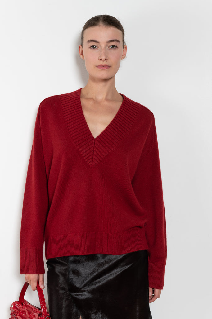 The Sage Sweater by Loulou Studio is an oversized sweater with an ample fit, a deep V, dropped shoulders and ribbed details in a thicker cashmere
